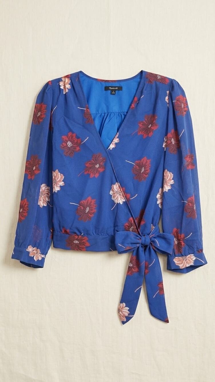 Madewell Effie Royal Blue Floral Wrap Blouse Size XXL Boho Casual Feminine